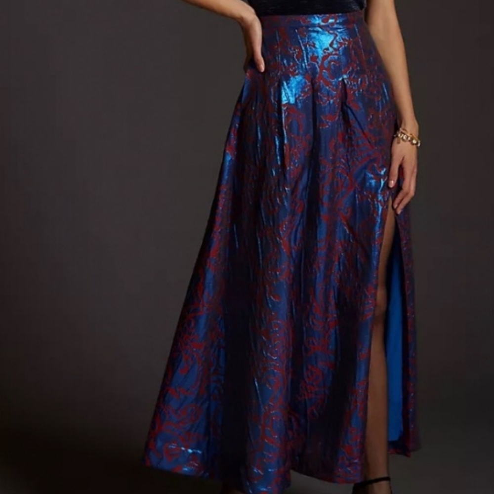 Maeve Anthropologie Pleated Blue Motif Shimmer Maxi Skirt NEW